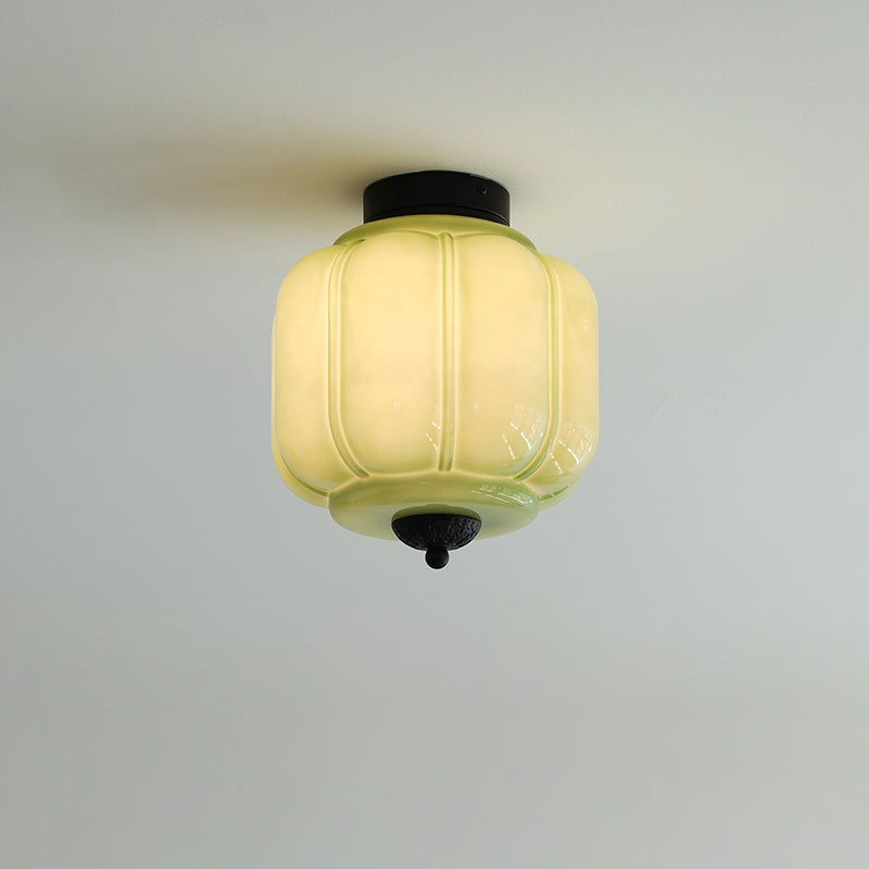 Art Deco Ceiling Lamp with Ribbed Glass Shade and Ornate Canopy