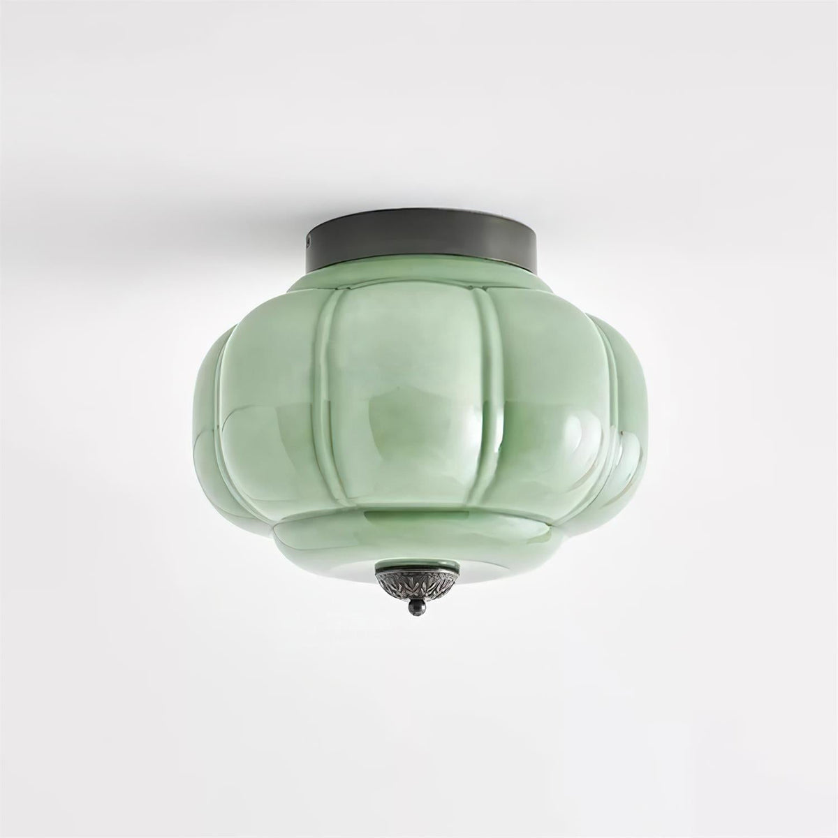 Art Deco Ceiling Lamp with Ribbed Glass Shade and Ornate Canopy