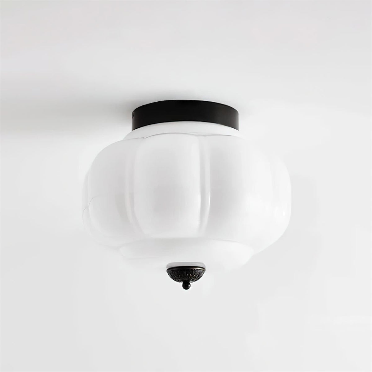 Art Deco Ceiling Lamp with Ribbed Glass Shade and Ornate Canopy