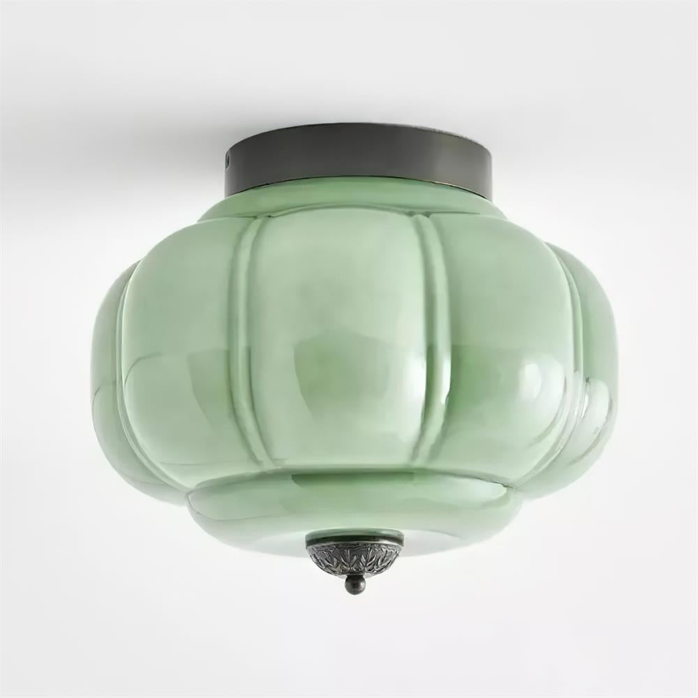 Art Deco Ceiling Lamp with Ribbed Glass Shade and Ornate Canopy
