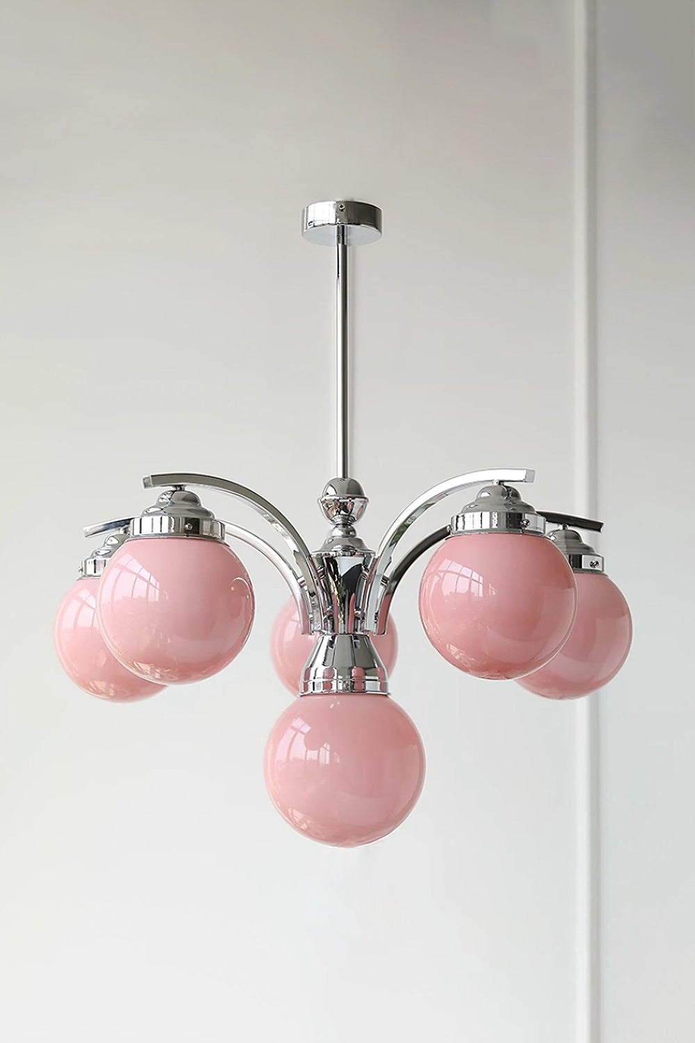 Art Deco Chandelier with Globe Shades and Chrome Arms