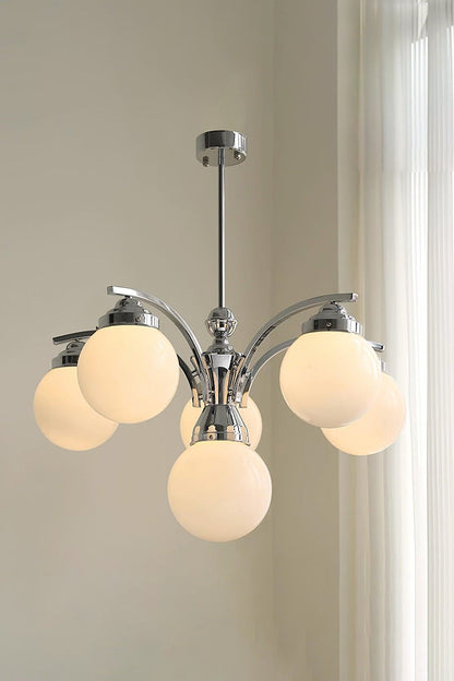 Art Deco Chandelier with Globe Shades and Chrome Arms