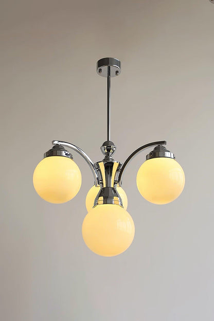 Art Deco Chandelier with Globe Shades and Chrome Arms