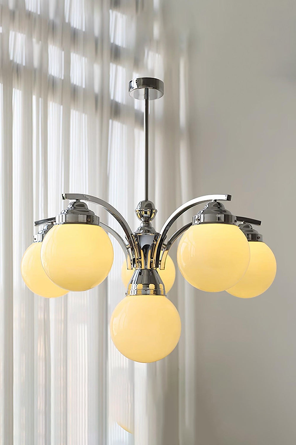 Art Deco Chandelier with Globe Shades and Chrome Arms