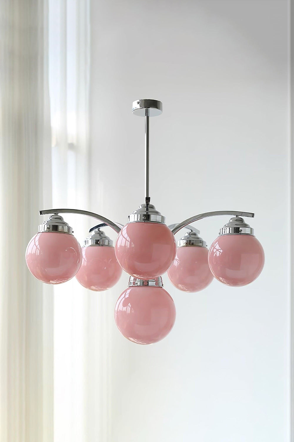 Art Deco Chandelier with Globe Shades and Chrome Arms