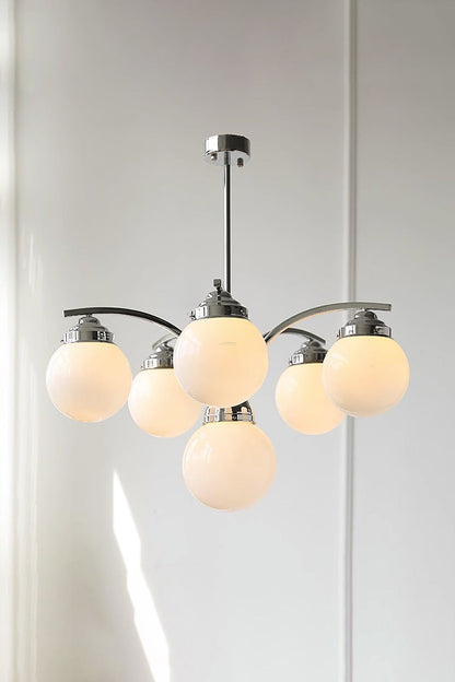 Art Deco Chandelier with Globe Shades and Chrome Arms