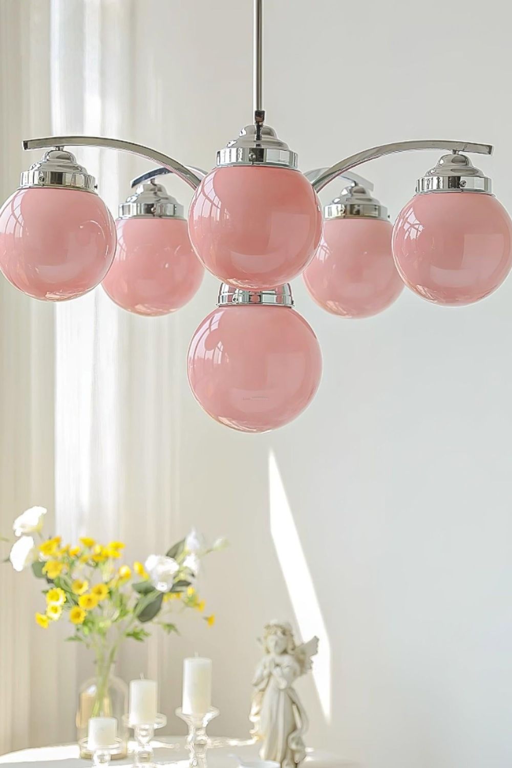 Art Deco Chandelier with Globe Shades and Chrome Arms