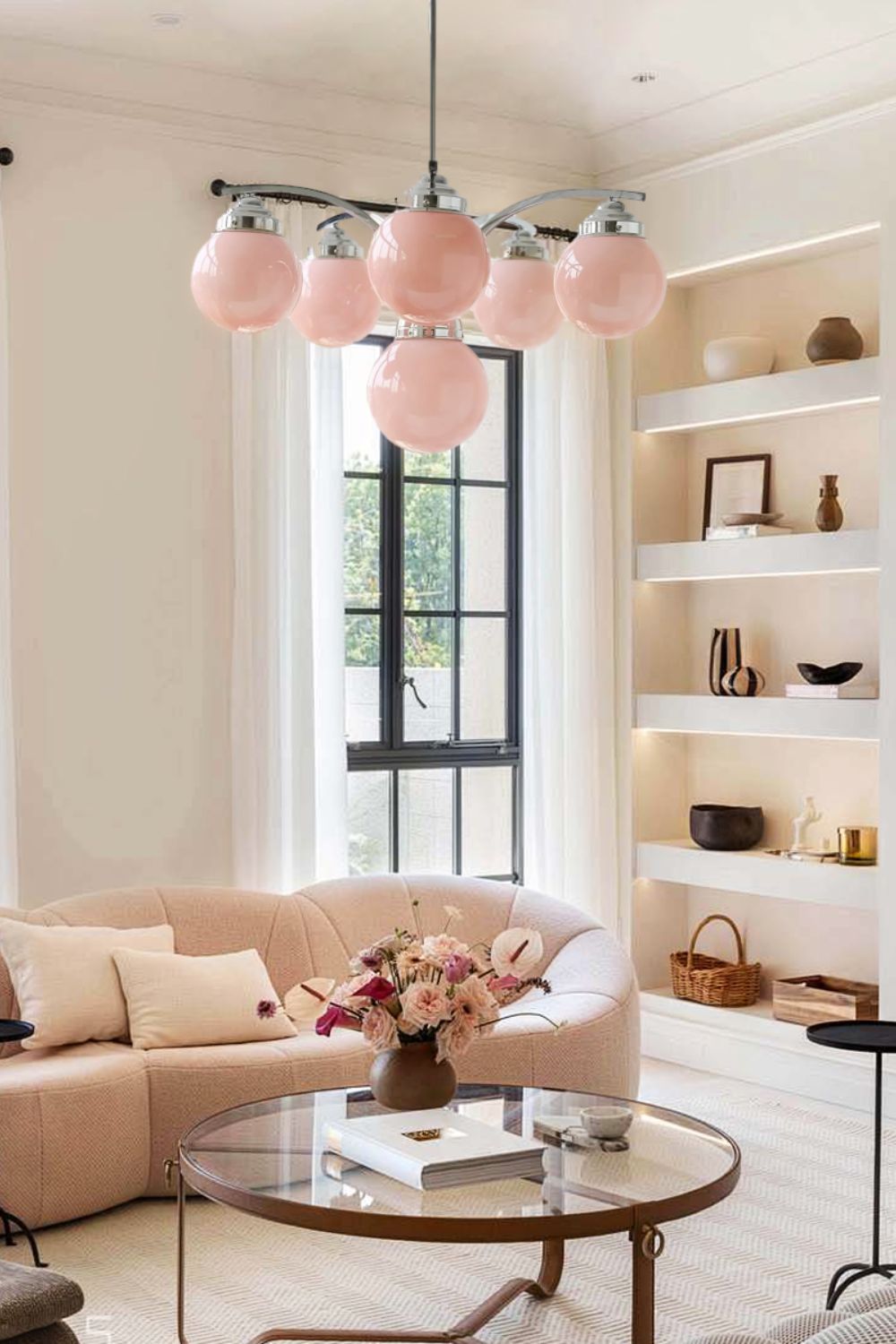 Art Deco Chandelier with Globe Shades and Chrome Arms