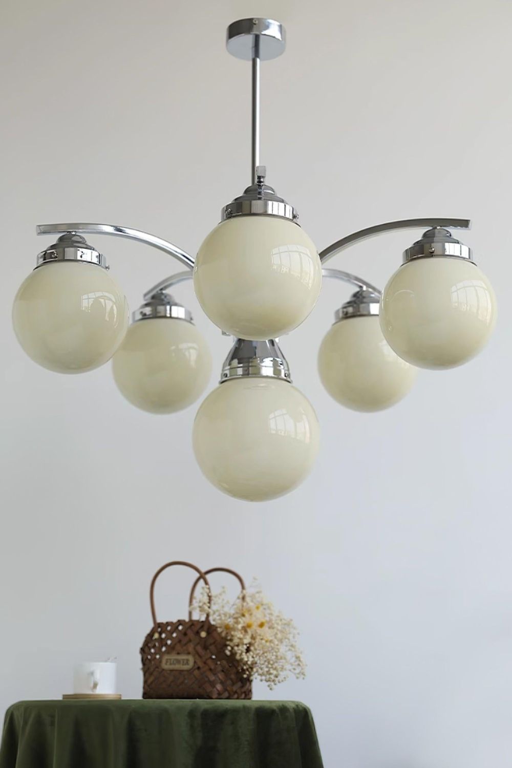 Art Deco Chandelier with Globe Shades and Chrome Arms