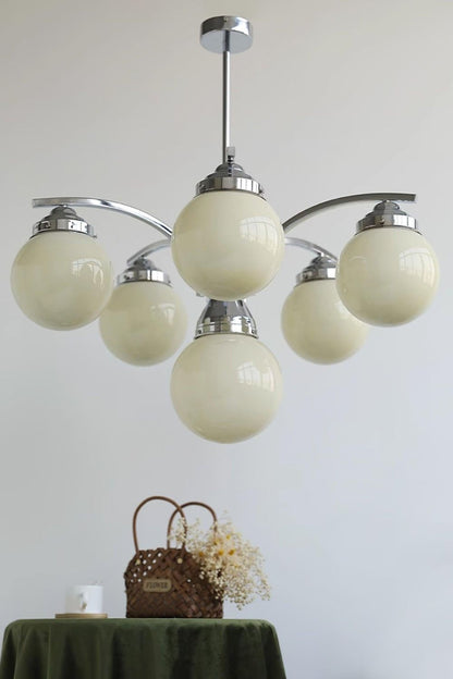 Art Deco Chandelier with Globe Shades and Chrome Arms