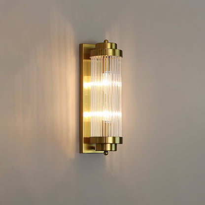 Art Deco Wall Lamp with Ribbed Glass Cylinder Shade and Brass Finish