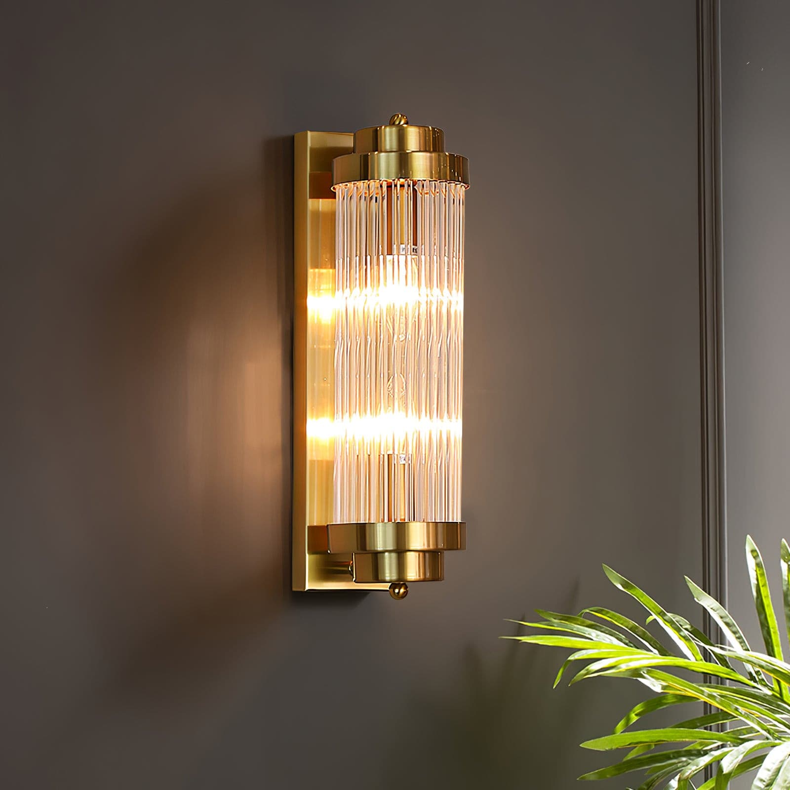 Art Deco Wall Lamp with Ribbed Glass Cylinder Shade and Brass Finish