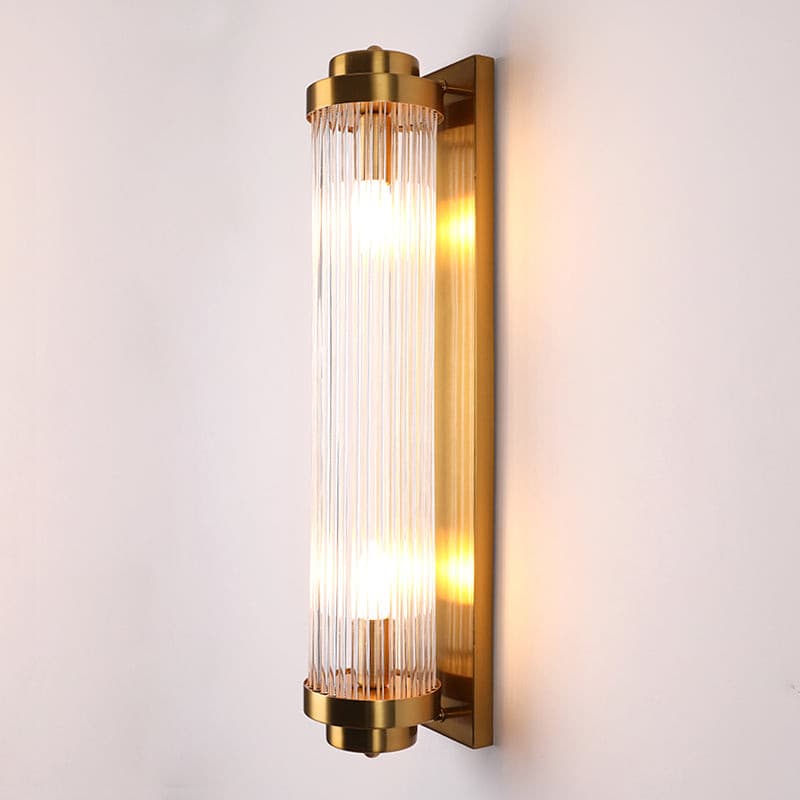 Art Deco Wall Lamp with Ribbed Glass Cylinder Shade and Brass Finish