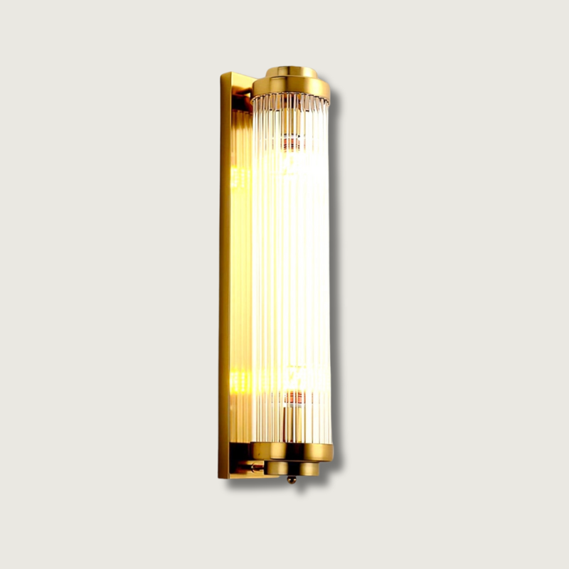 Art Deco Wall Lamp with Ribbed Glass Cylinder Shade and Brass Finish