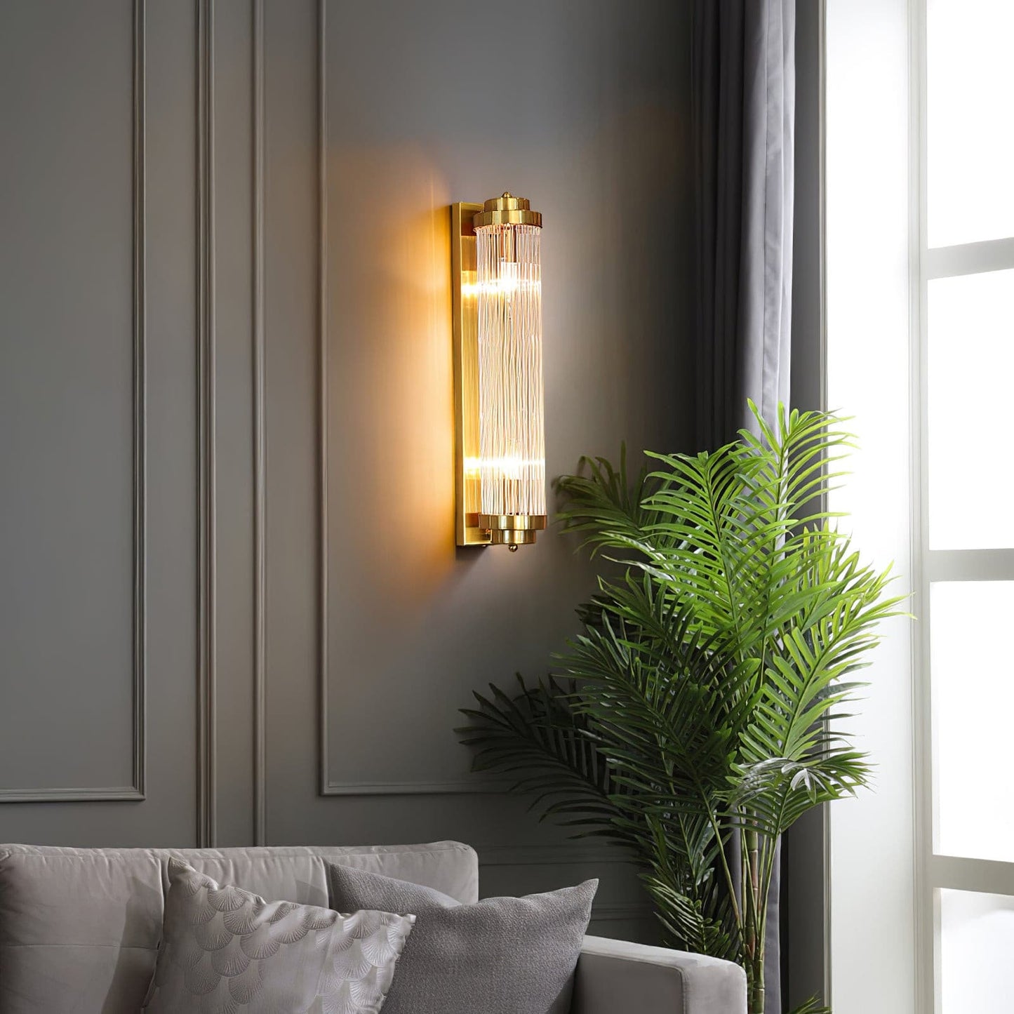 Art Deco Wall Lamp with Ribbed Glass Cylinder Shade and Brass Finish