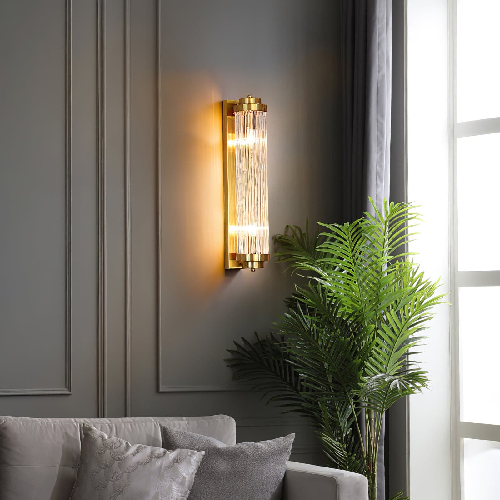 Art Deco Wall Lamp with Ribbed Glass Cylinder Shade and Brass Finish