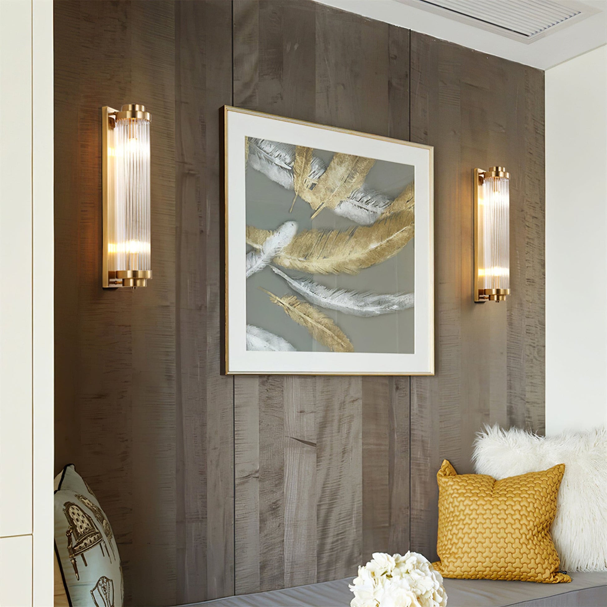 Art Deco Wall Lamp with Ribbed Glass Cylinder Shade and Brass Finish