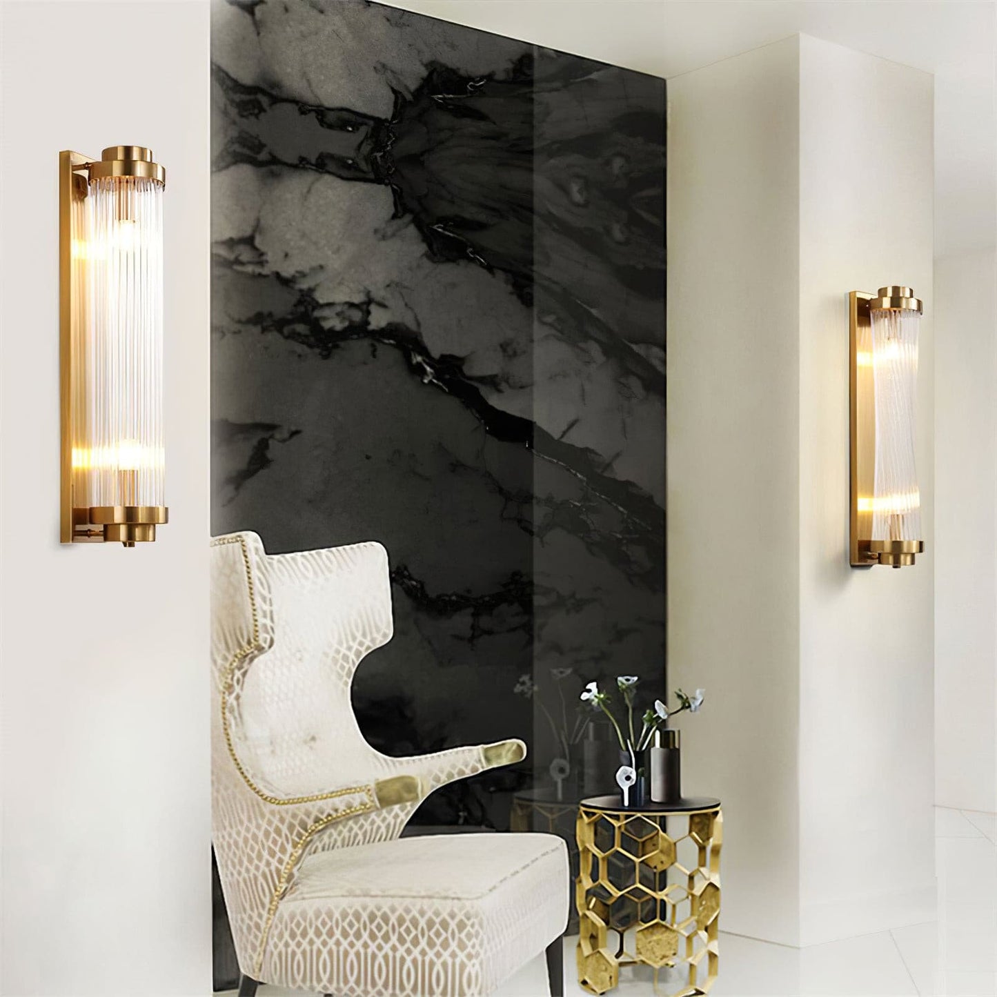 Art Deco Wall Lamp with Ribbed Glass Cylinder Shade and Brass Finish