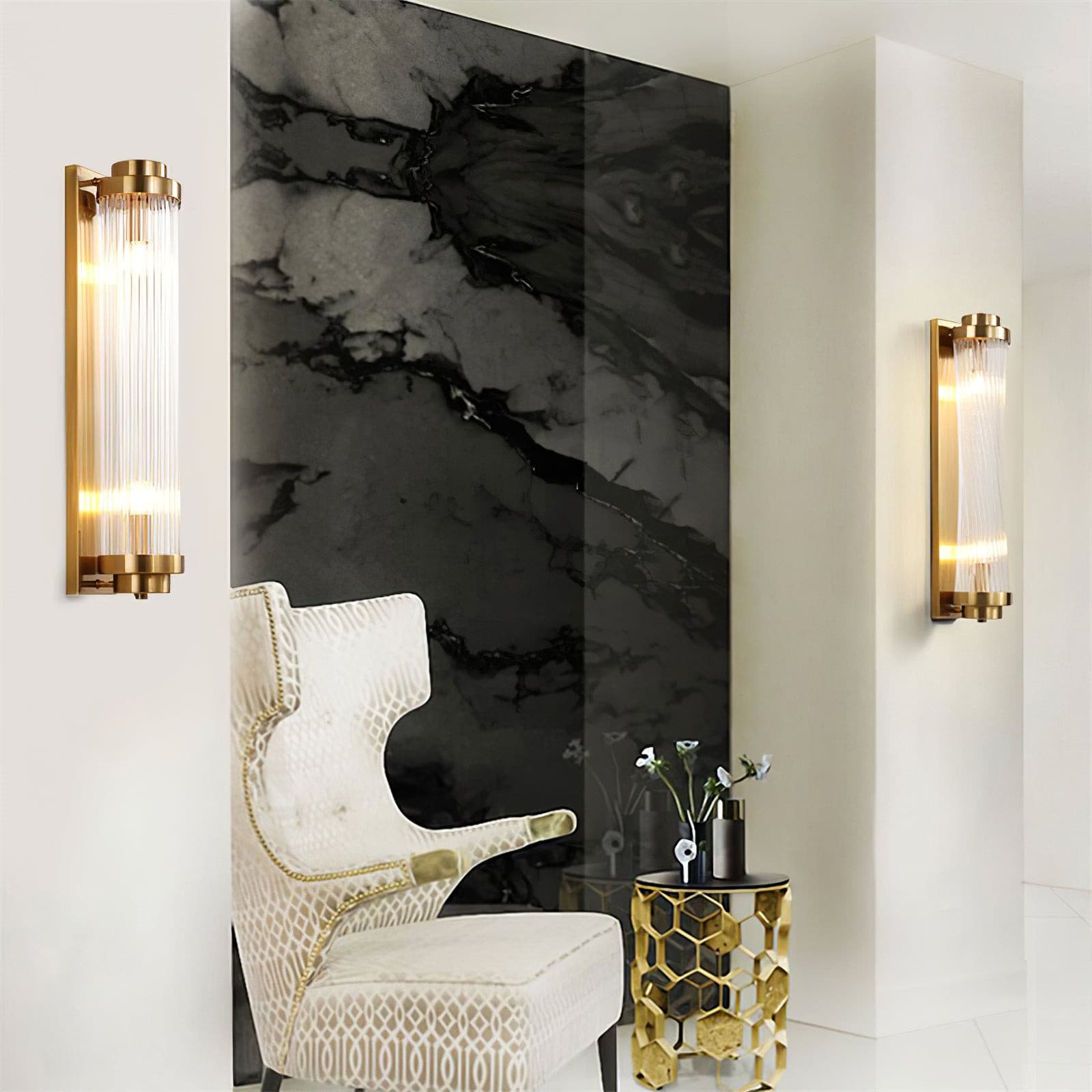 Art Deco Wall Lamp with Ribbed Glass Cylinder Shade and Brass Finish