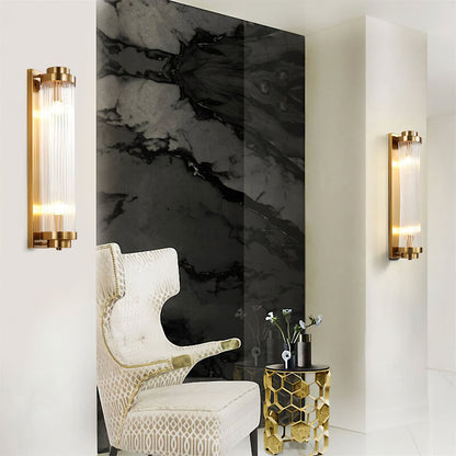 Art Deco Wall Lamp with Ribbed Glass Cylinder Shade and Brass Finish