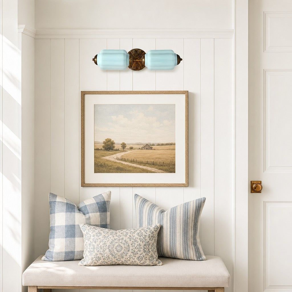 Art Deco Wall Sconce with Ornate Brass Backplate and Glass Shades