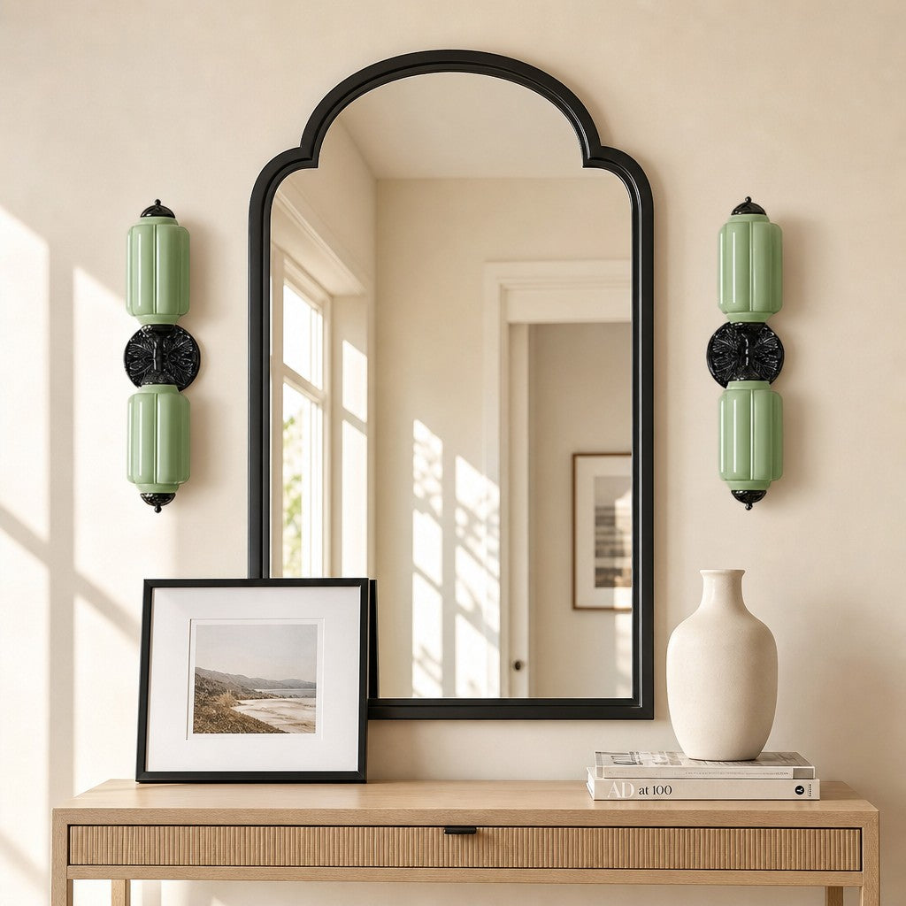 Art Deco Wall Sconce with Ornate Brass Backplate and Glass Shades