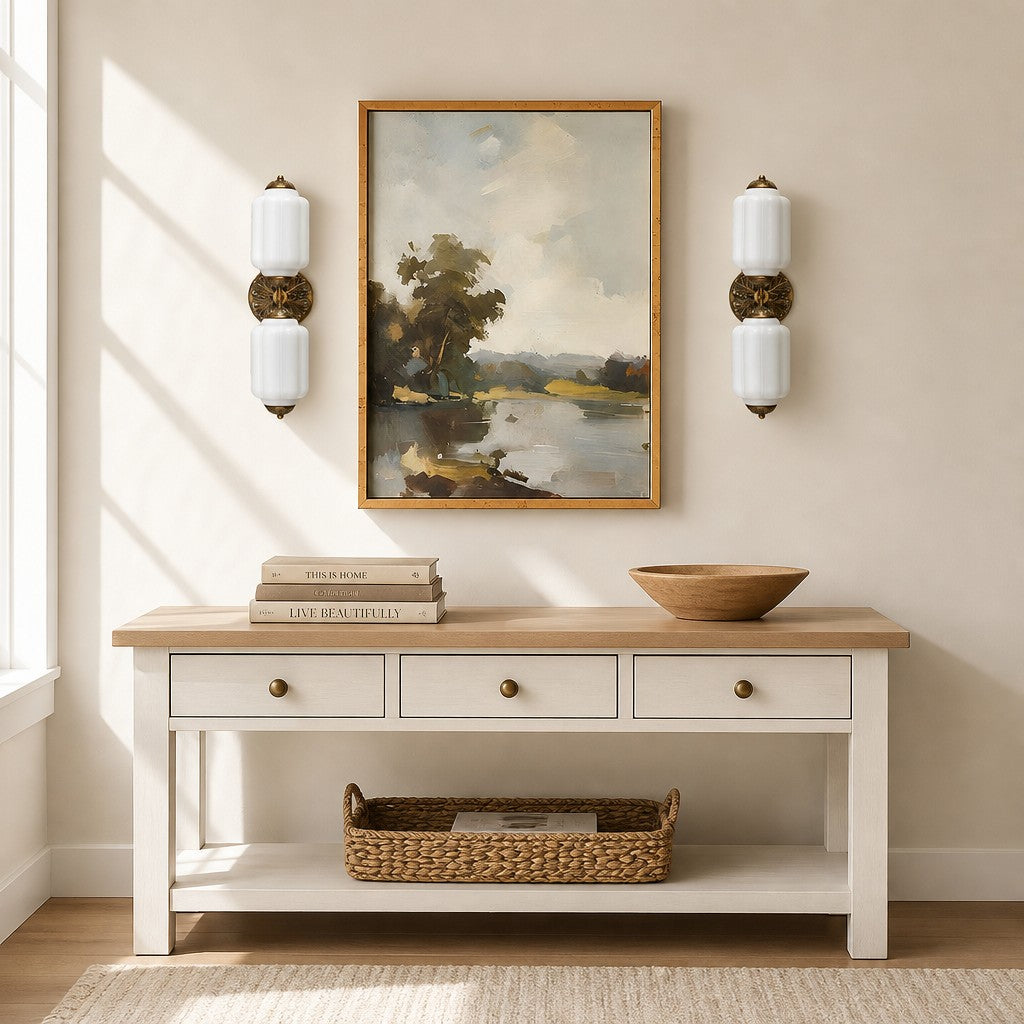 Art Deco Wall Sconce with Ornate Brass Backplate and Glass Shades