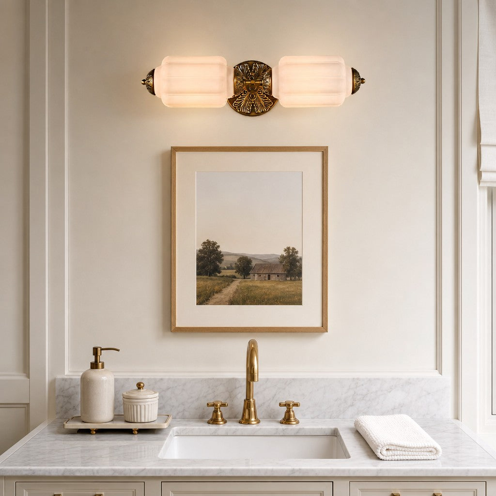 Art Deco Wall Sconce with Ornate Brass Backplate and Glass Shades