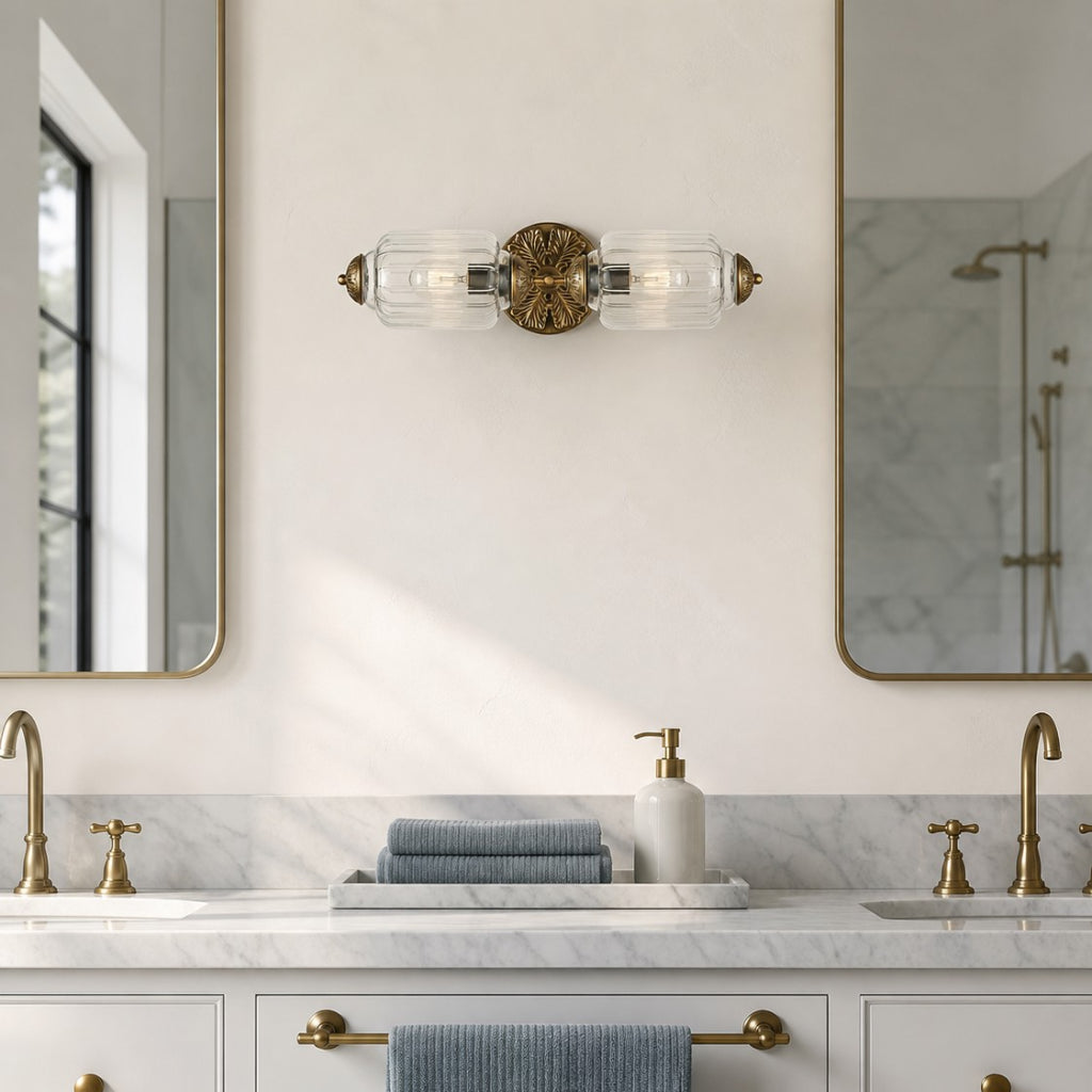Art Deco Wall Sconce with Ornate Brass Backplate and Glass Shades