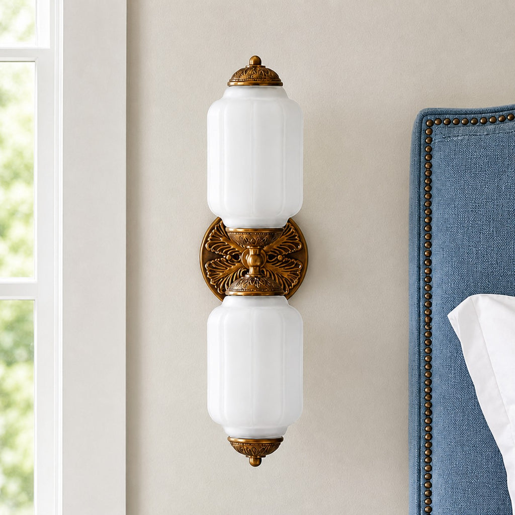 Art Deco Wall Sconce with Ornate Brass Backplate and Glass Shades