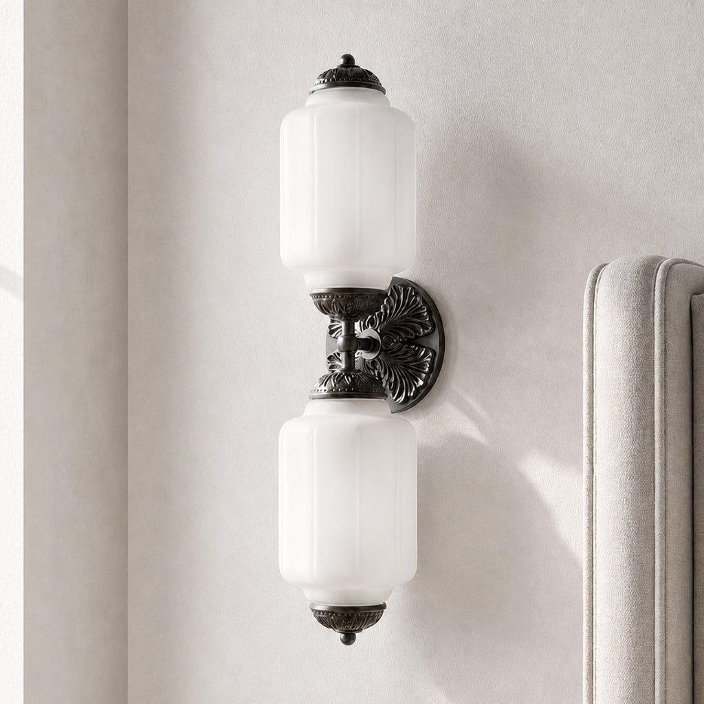 Art Deco Wall Sconce with Ornate Brass Backplate and Glass Shades