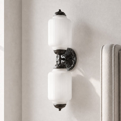Art Deco Wall Sconce with Ornate Brass Backplate and Glass Shades
