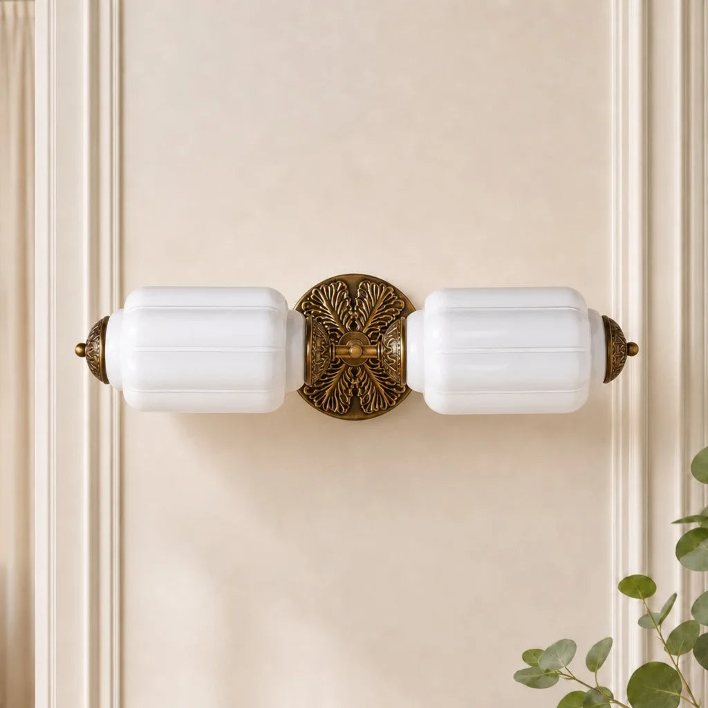 Art Deco Wall Sconce with Ornate Brass Backplate and Glass Shades