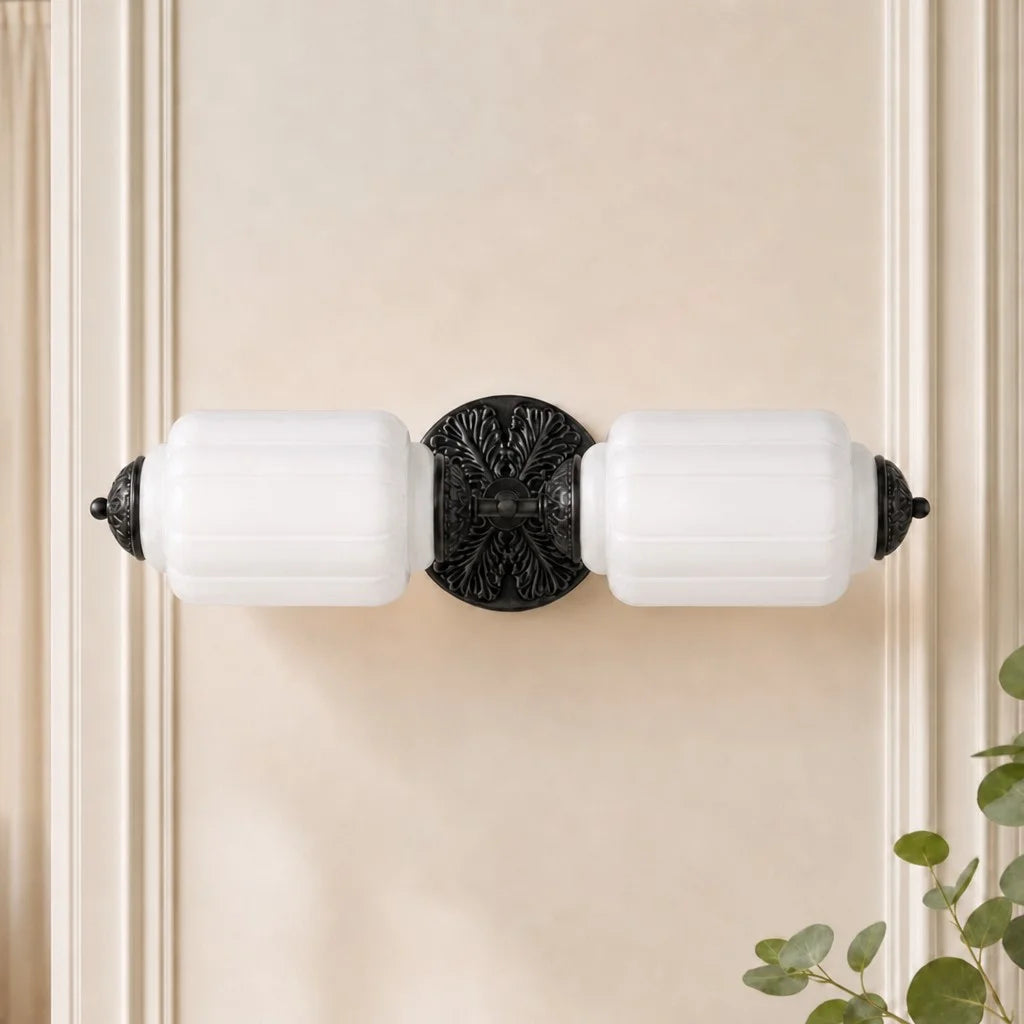 Art Deco Wall Sconce with Ornate Brass Backplate and Glass Shades