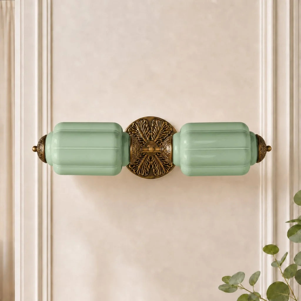 Art Deco Wall Sconce with Ornate Brass Backplate and Glass Shades
