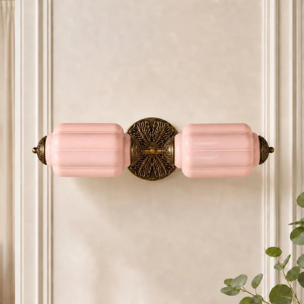 Art Deco Wall Sconce with Ornate Brass Backplate and Glass Shades