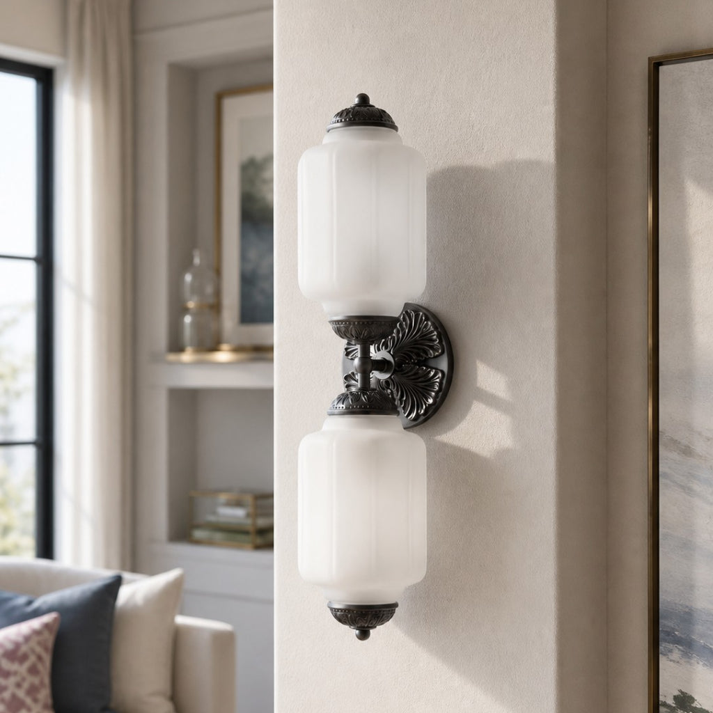 Art Deco Wall Sconce with Ornate Brass Backplate and Glass Shades