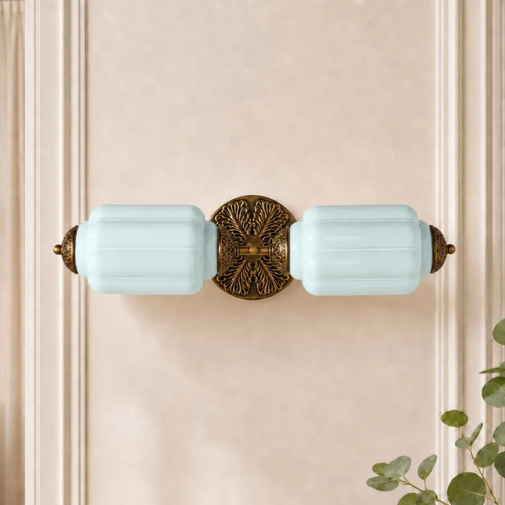 Art Deco Wall Sconce with Ornate Brass Backplate and Glass Shades