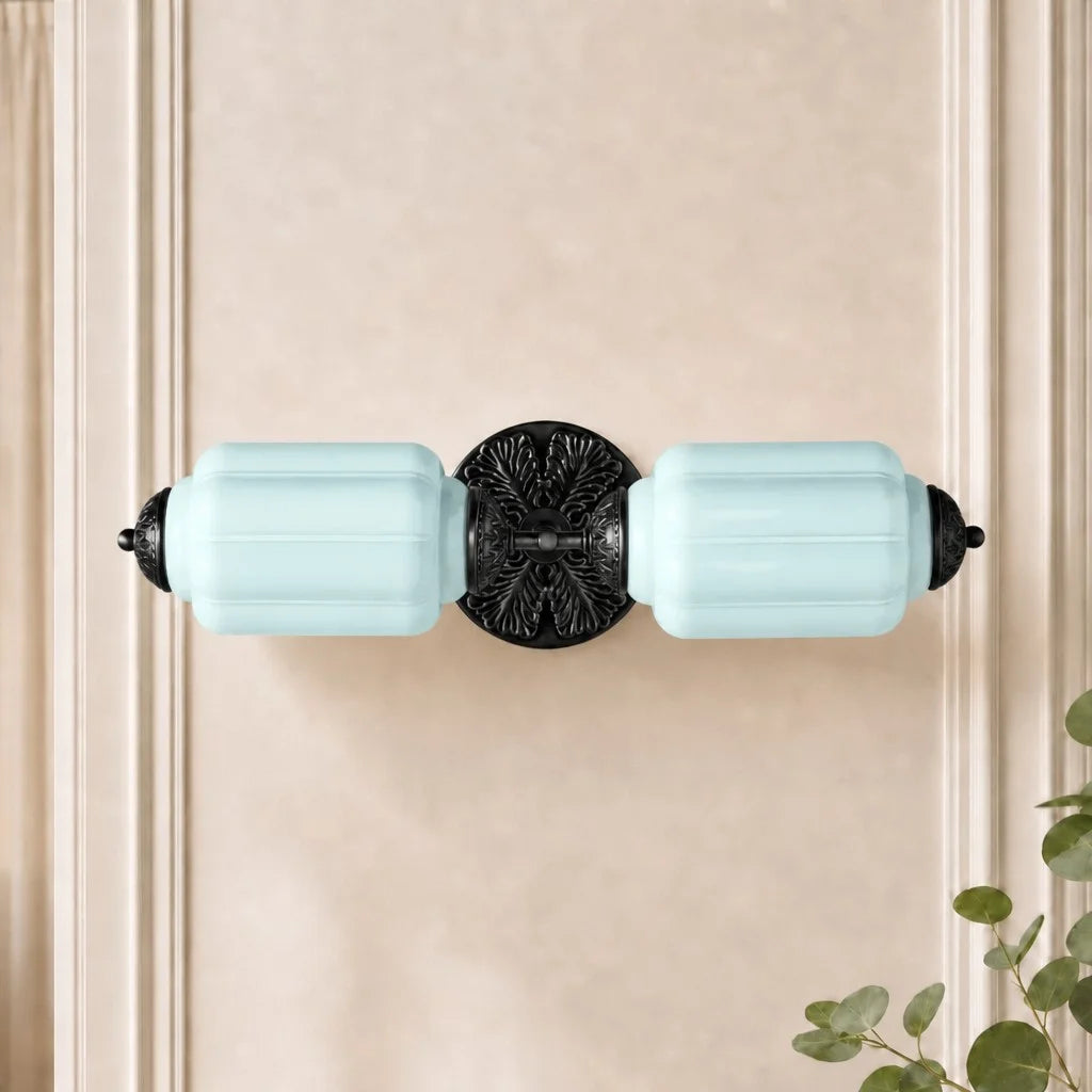 Art Deco Wall Sconce with Ornate Brass Backplate and Glass Shades