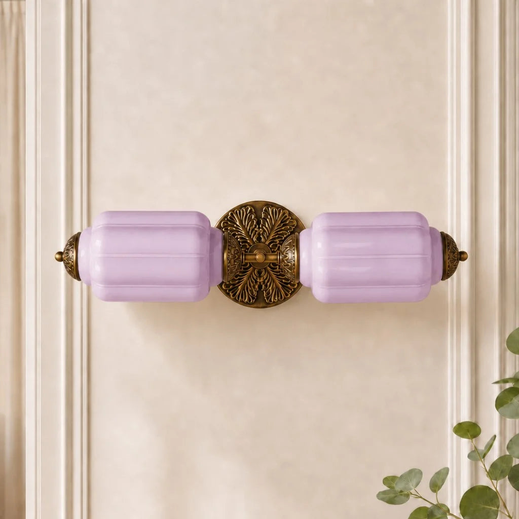 Art Deco Wall Sconce with Ornate Brass Backplate and Glass Shades