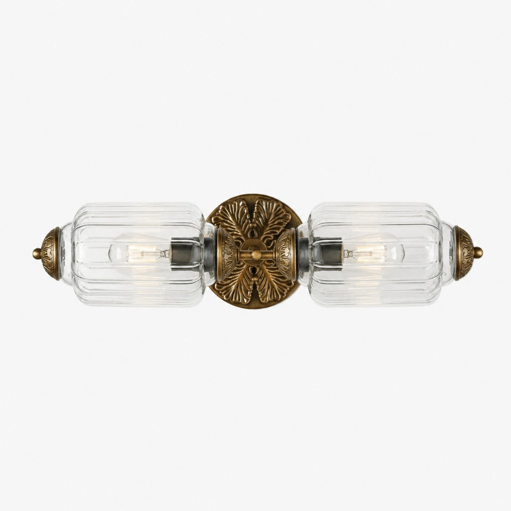 Art Deco Wall Sconce with Ornate Brass Backplate and Glass Shades