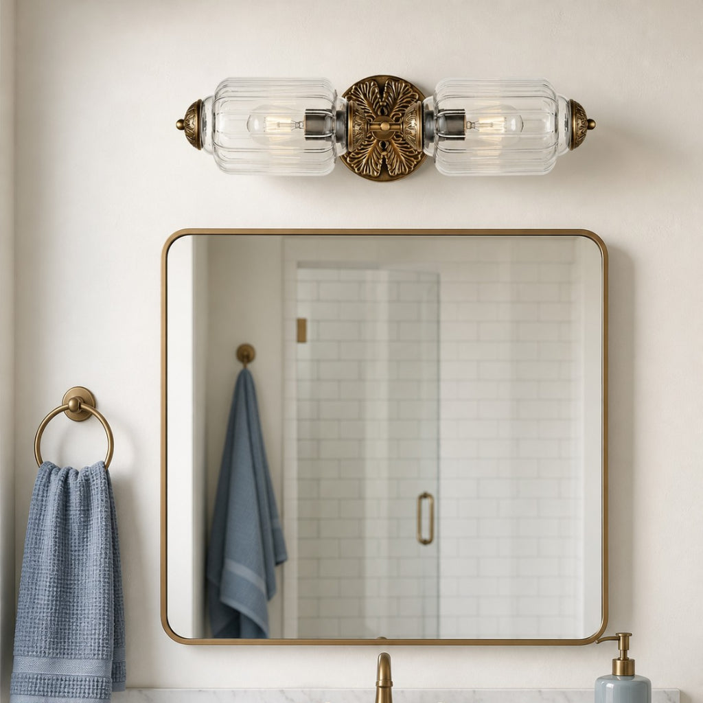 Art Deco Wall Sconce with Ornate Brass Backplate and Glass Shades