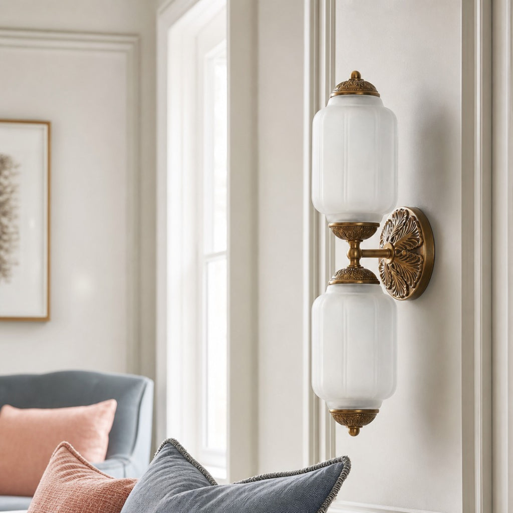 Art Deco Wall Sconce with Ornate Brass Backplate and Glass Shades