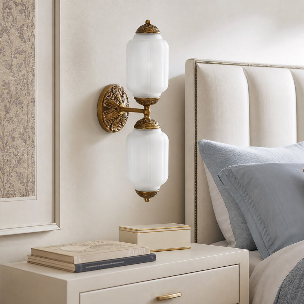 Art Deco Wall Sconce with Ornate Brass Backplate and Glass Shades