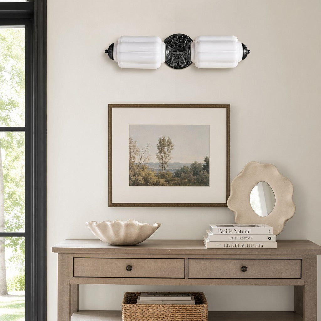 Art Deco Wall Sconce with Ornate Brass Backplate and Glass Shades