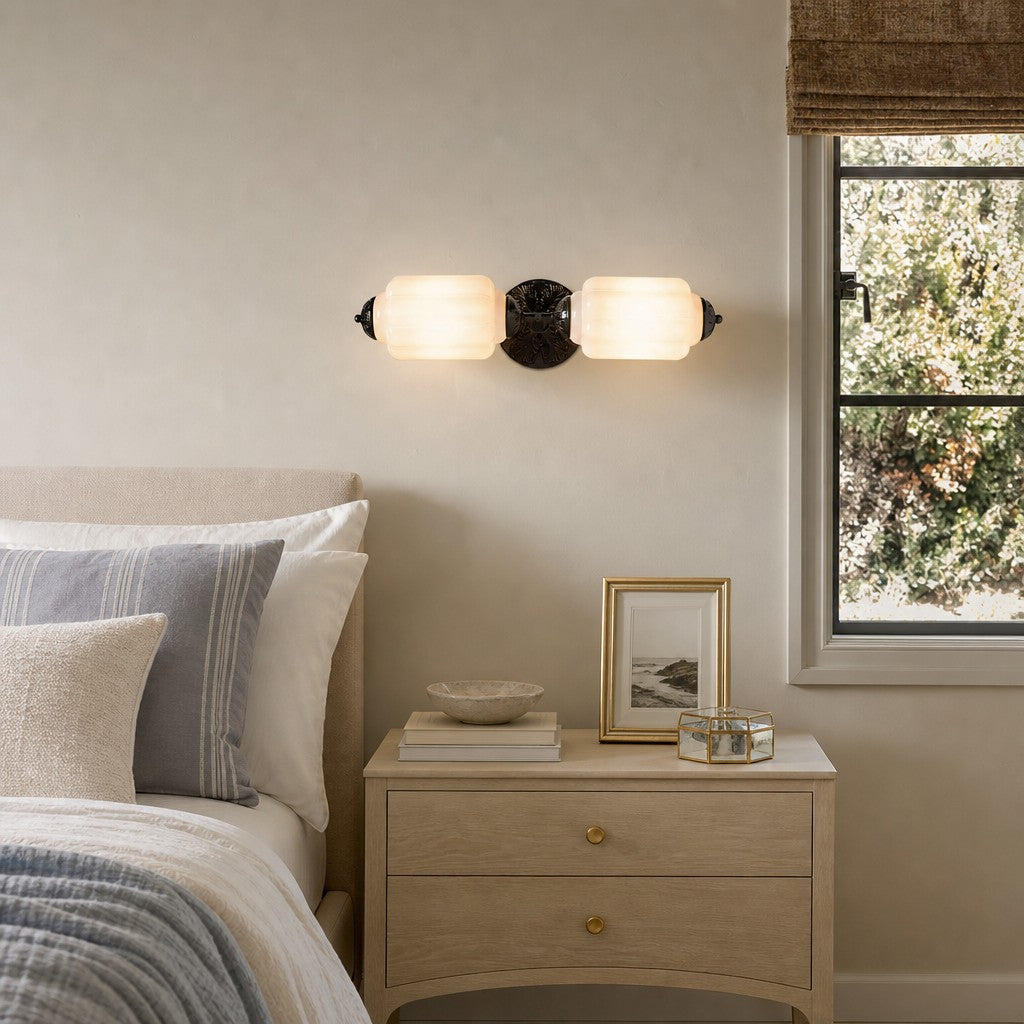 Art Deco Wall Sconce with Ornate Brass Backplate and Glass Shades