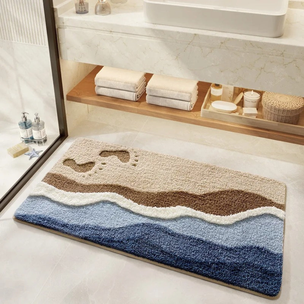 Bath Mat Antislip with Ocean Wave and Footprint Design