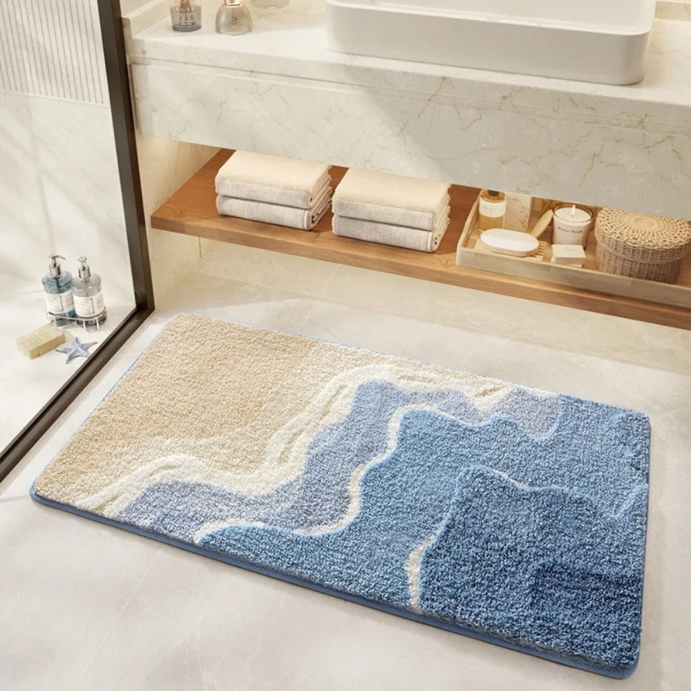 Bath Mat Antislip with Ocean Wave and Footprint Design