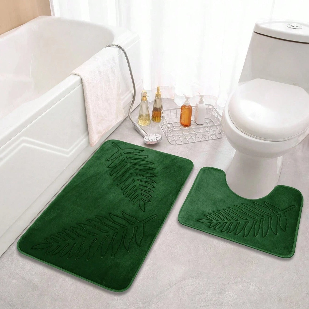Bath Mat Set with Anti-Slip Backing and Embossed Leaf Design, 2-Piece