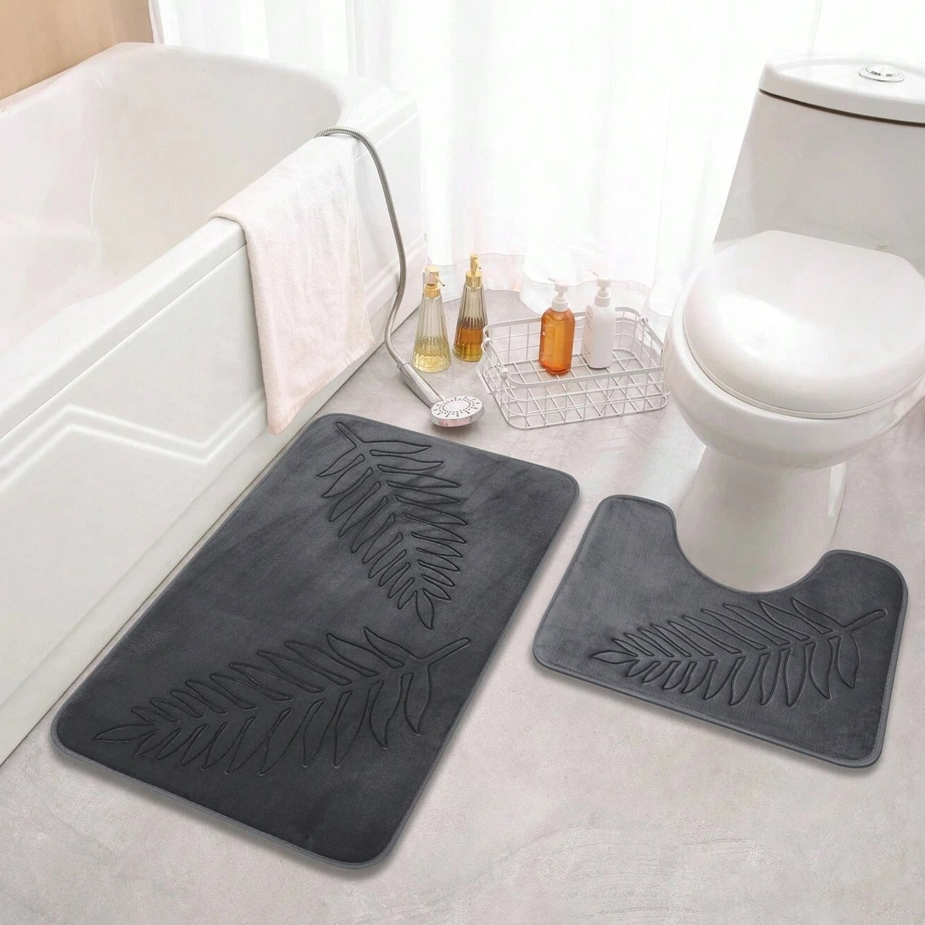 Bath Mat Set with Anti-Slip Backing and Embossed Leaf Design, 2-Piece